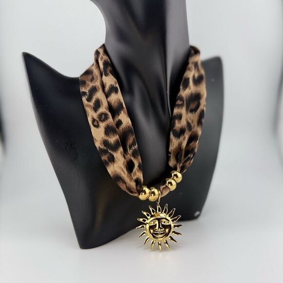 Leopard Print Scarf Necklace with Gold Sun Pendant – Bold, Glamorous & U… - Picture 7 of 11